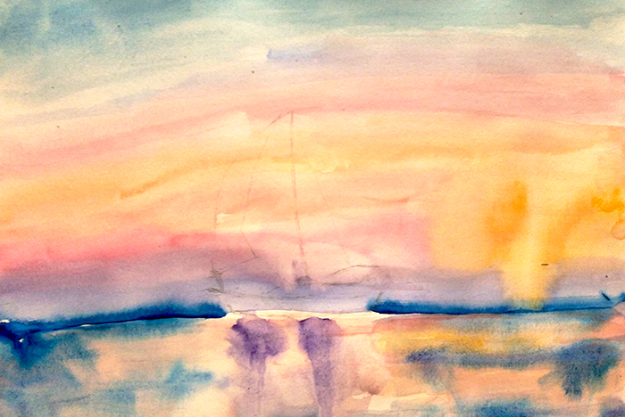 Рисунок акварелью пейзаж море корабль